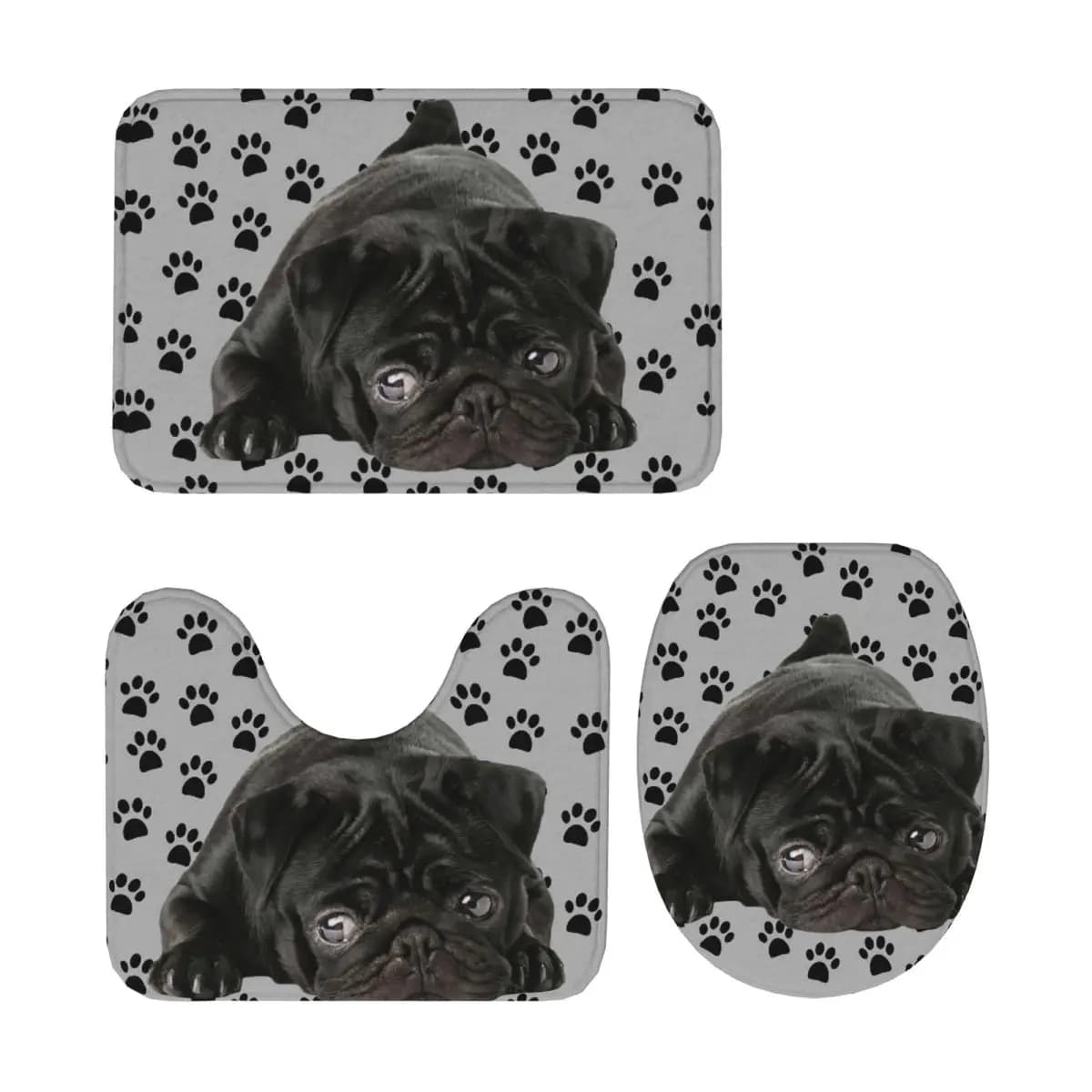 Adorabile carlino nero 3 pezzi tappetino da bagno set da bagno coperchio WC copertura decorazioni per la casa tappeto antiscivolo