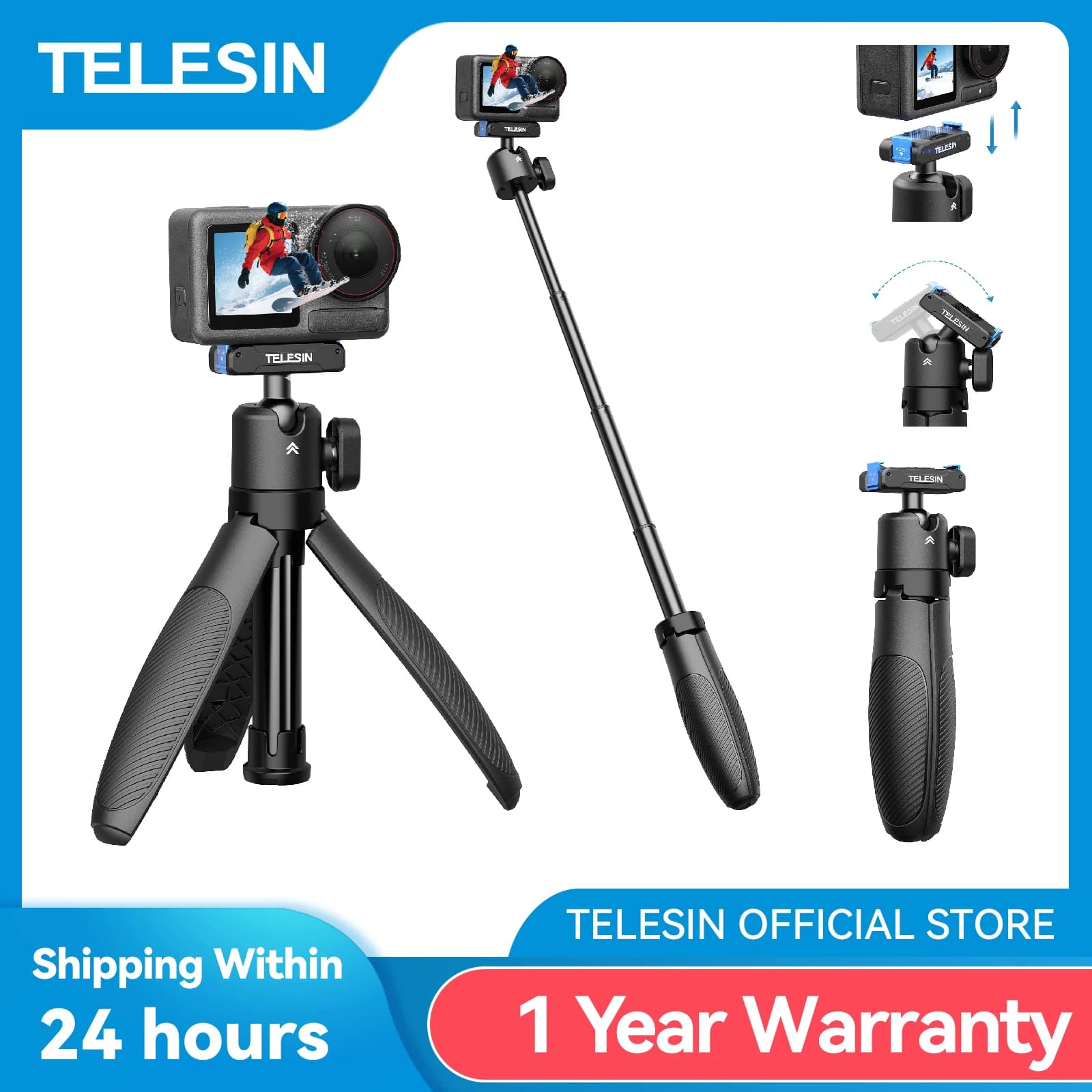 TELESIN Mini Selfie Stick Treppiede Supporto portatile in lega di alluminio a sgancio rapido per GoPro DJI Osmo Action Camera Hand Grip
