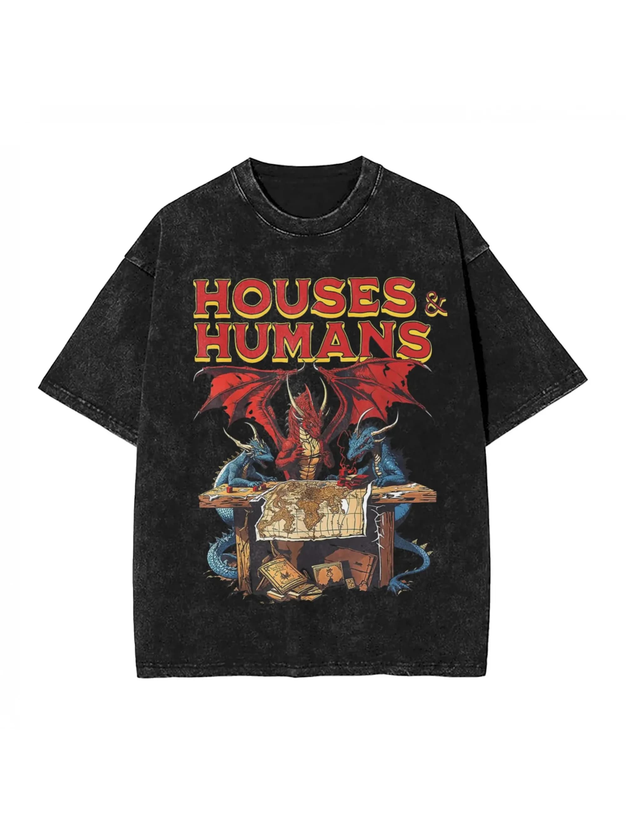 Washed T-Shirt Houses and Humans Retro 90s Hip Hop Oversize Dungeon Dragon DnD Streetwear Printed Tops Tees for Men