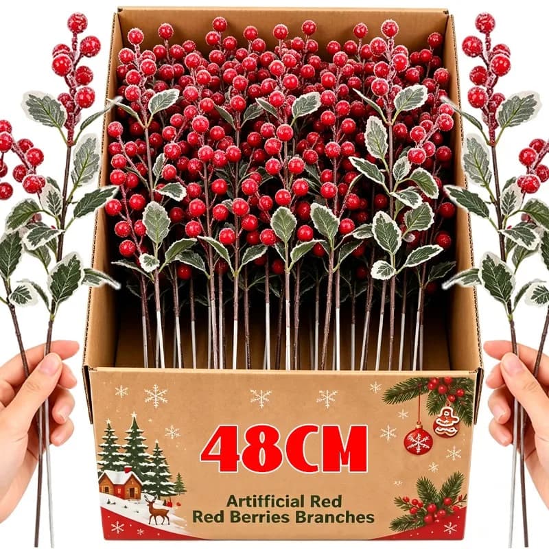 48cm Artificial Frosty Finish Red Berries Branches DIY Wreath Fake Flowers Plants Holly Stems Leaves Bouquet Xmas Tree Decor