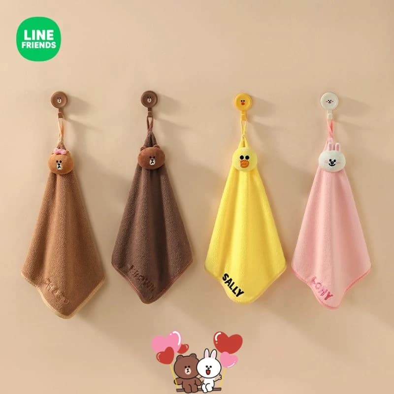 LINE FRIENDS Hand Towels with Cartoon Characters, Soft and Absorbent for Kitchen and Bathroom, with Hook for Hanging