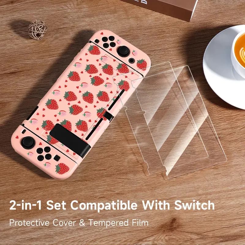 Custodia protettiva con motivo Love Strawberry da 1 pezzo con 2 pellicole per Switch NS/Oled/Lite, compatibile con Switch Console e Joy-con