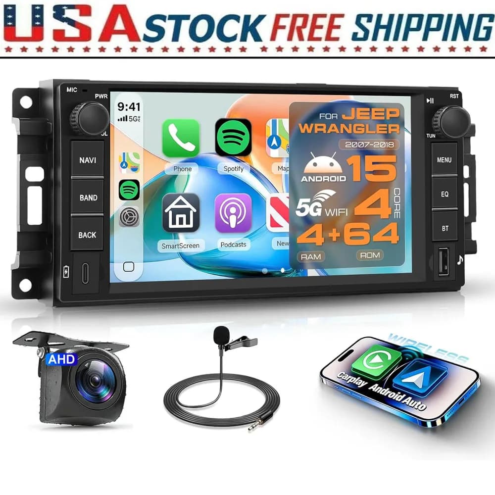 7" Car Touch Stereo Radio 4+64G 5G WiFi Android 15 Support Wireless Carplay GPS Navigation Bluetooth SWC Mirror Link Steering Wheel Controls Quad Core Car Player For Jeep Wrangler Unlimited 2007-2018 Dodge Chrysler