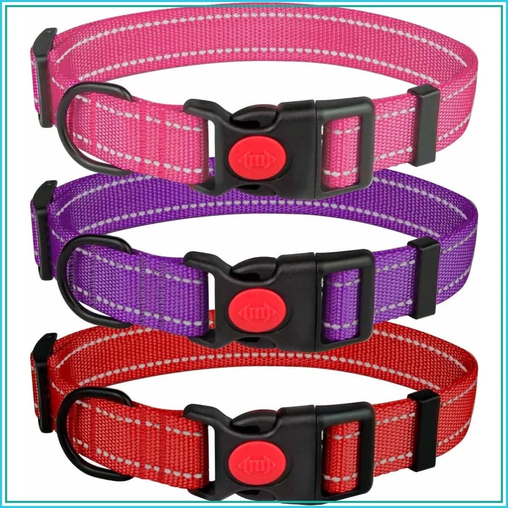 3 Pack Reflective Dog Collars for Small Dogs, Adjustable Soft Nylon with Safety Locking Buckle, Hot Pink+Purple+Red, XS