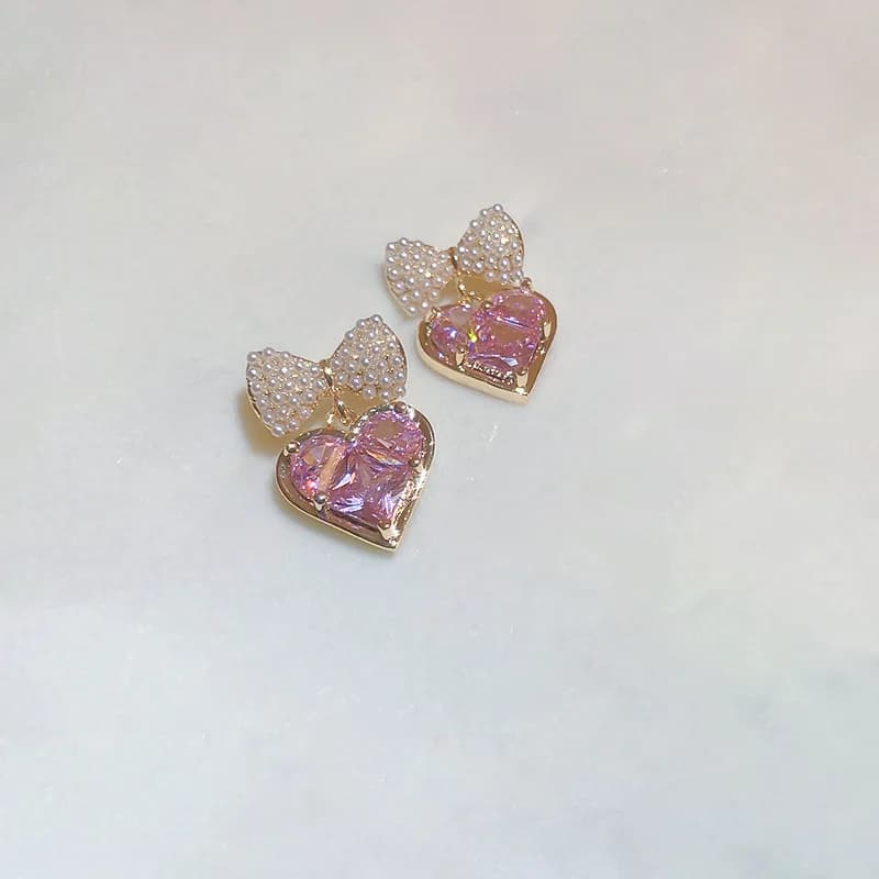 Orecchini d'amore con fiocco in zircone imitazione perla, temperamento, orecchini da donna
