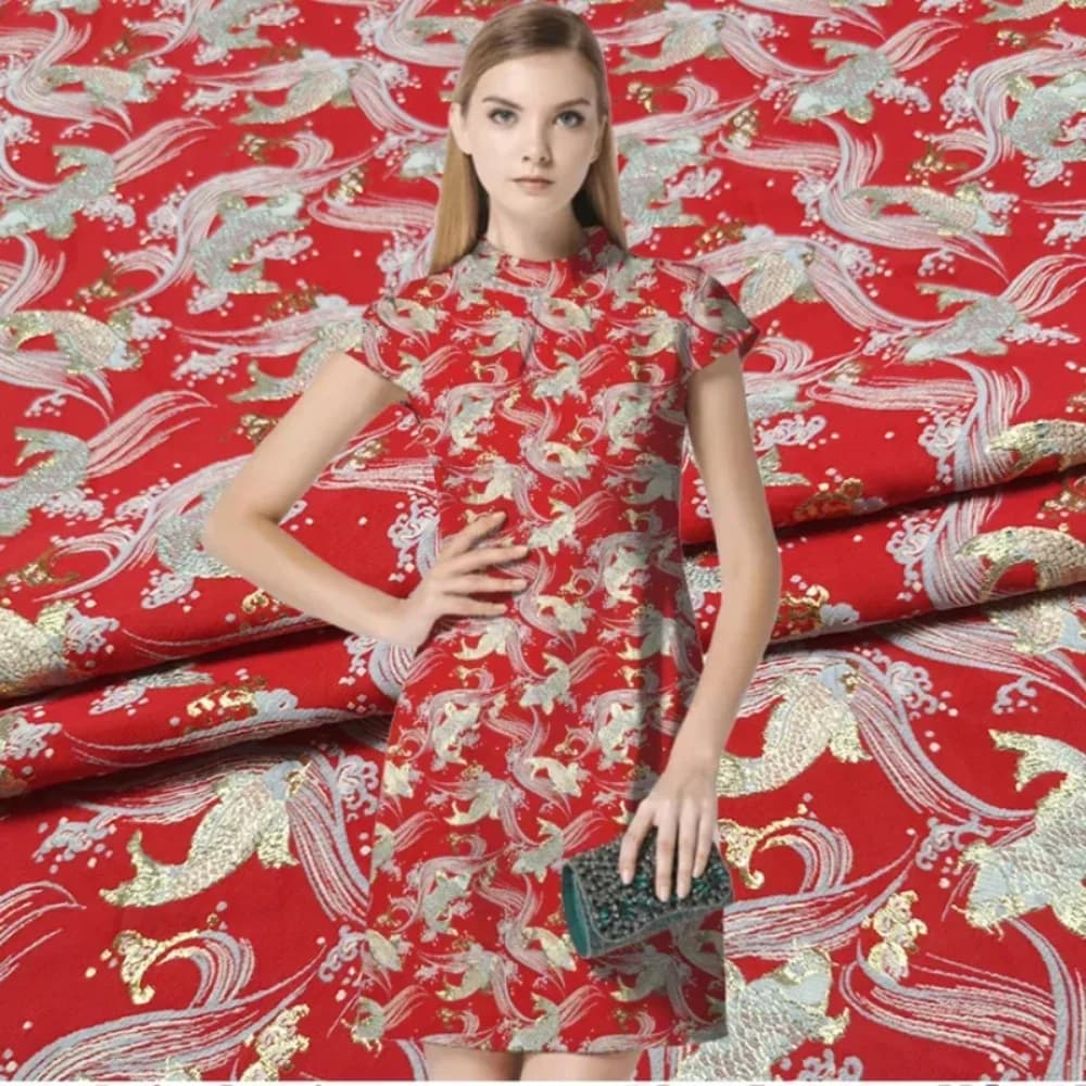 Three-dimensional Jacquard Tang Suit Fabric Chinese Style Satin Cheongsam Gold Wire Koi Windbreaker Toast for Dress Brocade