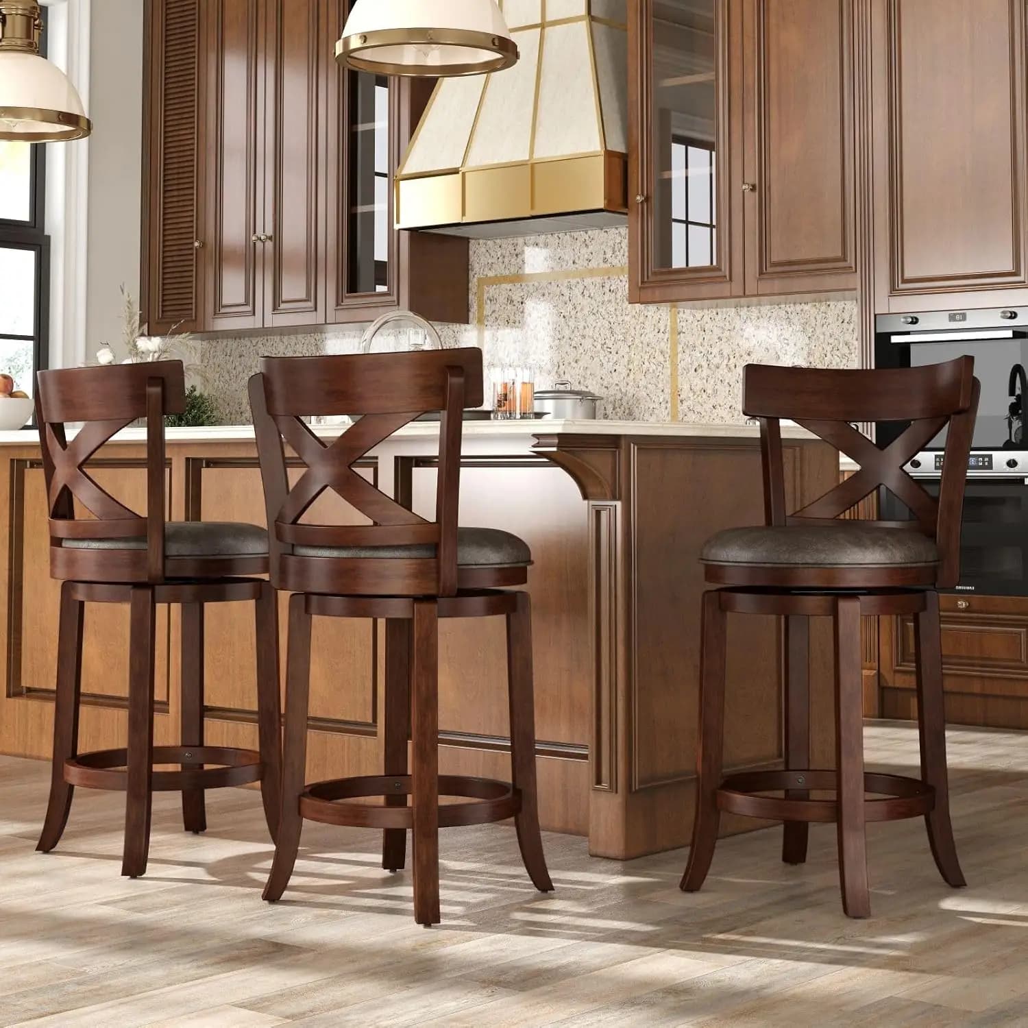 26in Counter Height Swivel Bar Stool Set Cross Back Solid Wood Legs Faux Leather Kitchen Island Customized