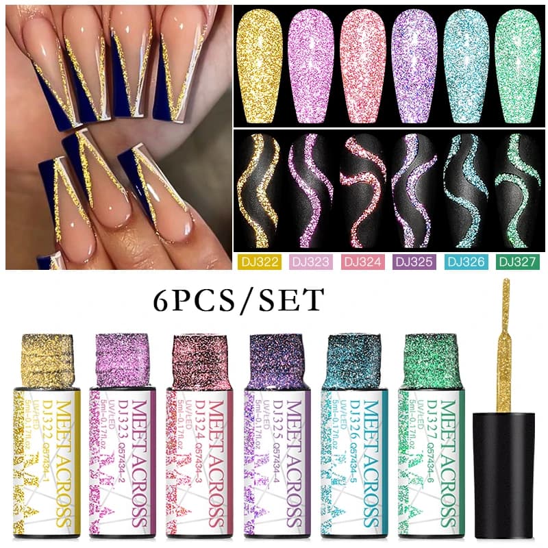 MEET ACROSS 6 Pz/set Linea Riflettente Gel Smalto Per Unghie Glitter Oro Rosa Viola Nail Art Liner Gel UV Pittura FAI DA TE Disegno Vernice