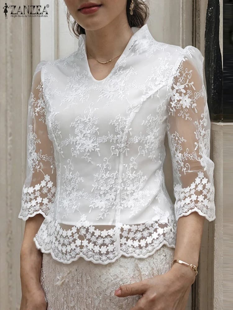 ZANZEA Women's Sleeve 3/4 Top Embroidered floral shirts casual 2025 Summer Blusa in semi-transparent lace Elegant shirts with V neckline for parties