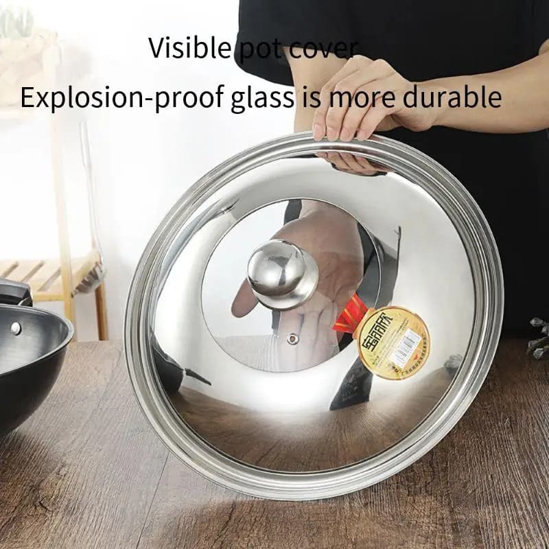 Visible cover in explosion-proof glass with non-magnetic stainless steel cover for food use, flat bottom pan, large cover 30 cm-40 cm.