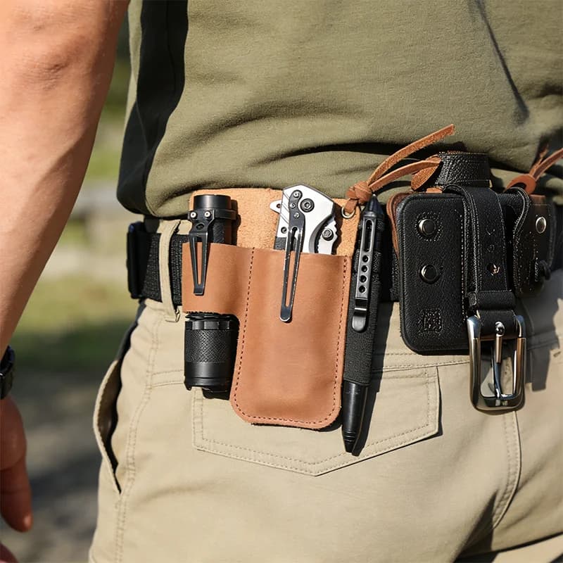 Fondina in Pelle EDC per Torcia e Attrezzi, Custodia Tattica Multifunzionale da Cintura per Coltello Pieghevole