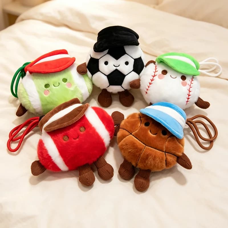 Soft Fluffy Sports Ball Plush Keychain 5 Styles Soccer Basketball Tennis Baseball Rugby Bag Ornament Gifts.