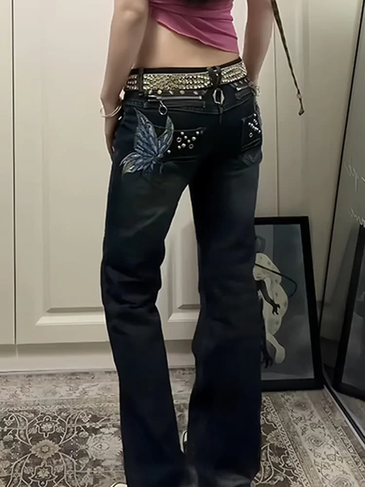 Jeans American Hot Girl a Vita Bassa con Ricami, Vintage Y2K Millennium, Slim Fit, Leggermente Svasati, Pantaloni Lunghi Estivi da Donna