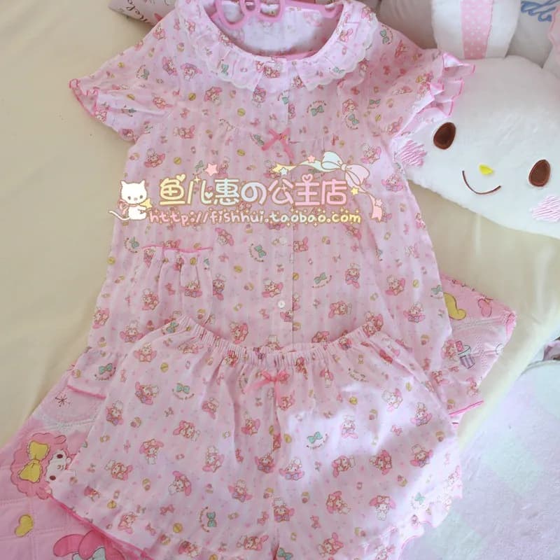 New My Melody Kawaii Anime Cartoon Pajamas Summer Thin and Light Home Girly Heart Cotton Gauze Comfortable Collar Cover