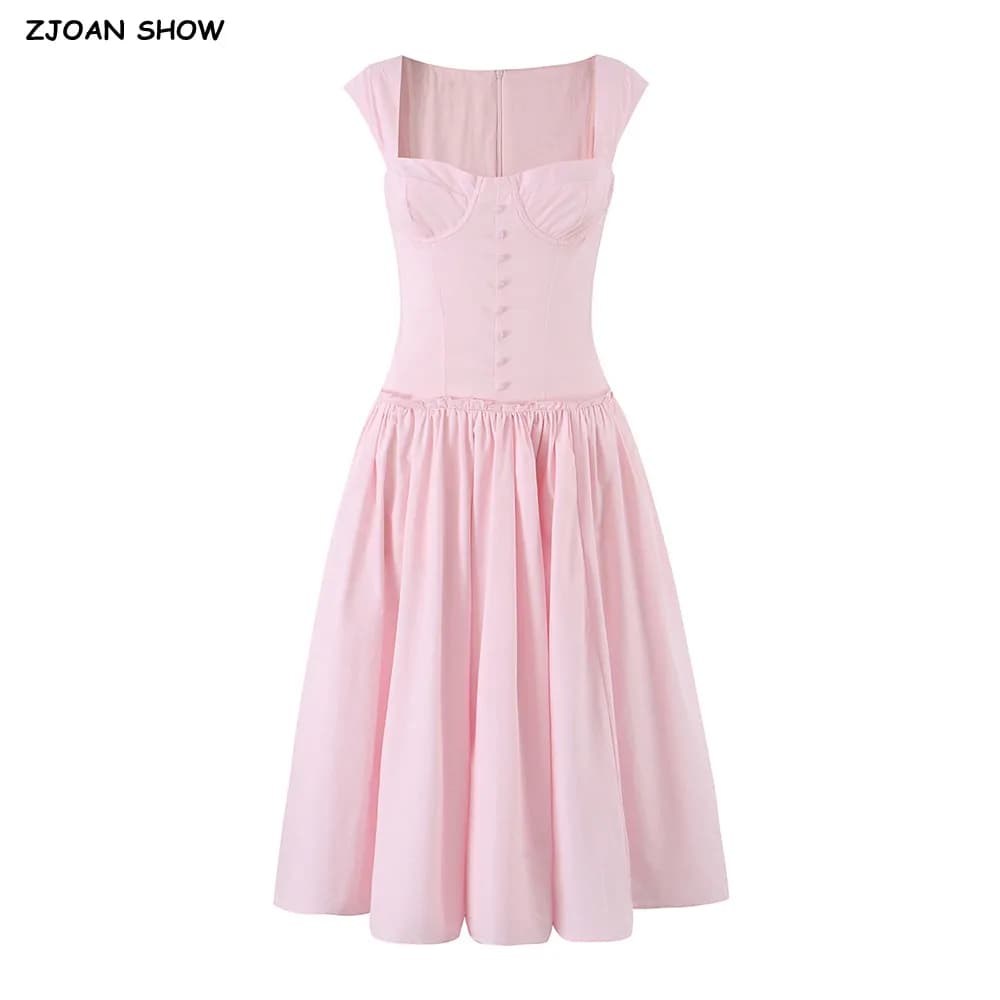 Summer CHIC Pink Corset Style Short Sleeve Dress Front Buttons Wood ears Low Waist A-lined Swing Midi Dresses Party Robe Vestido