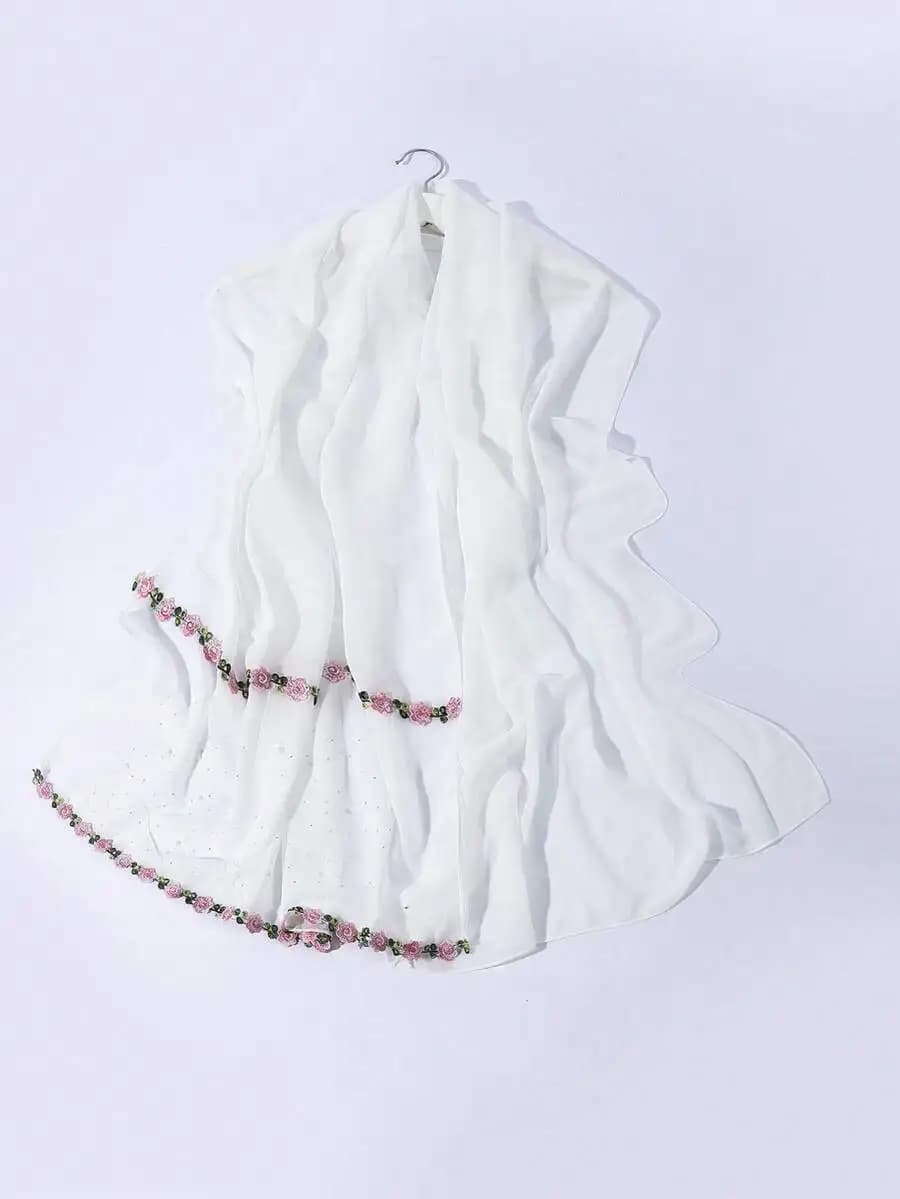 SGIAWETA-1pc Women Ceramic Rhinestone Faux Pearls Chiffon Scarf, Women Hijab, With Ruffle Trim Headscarf Daily UV Protection Headwrap-birthdaygift