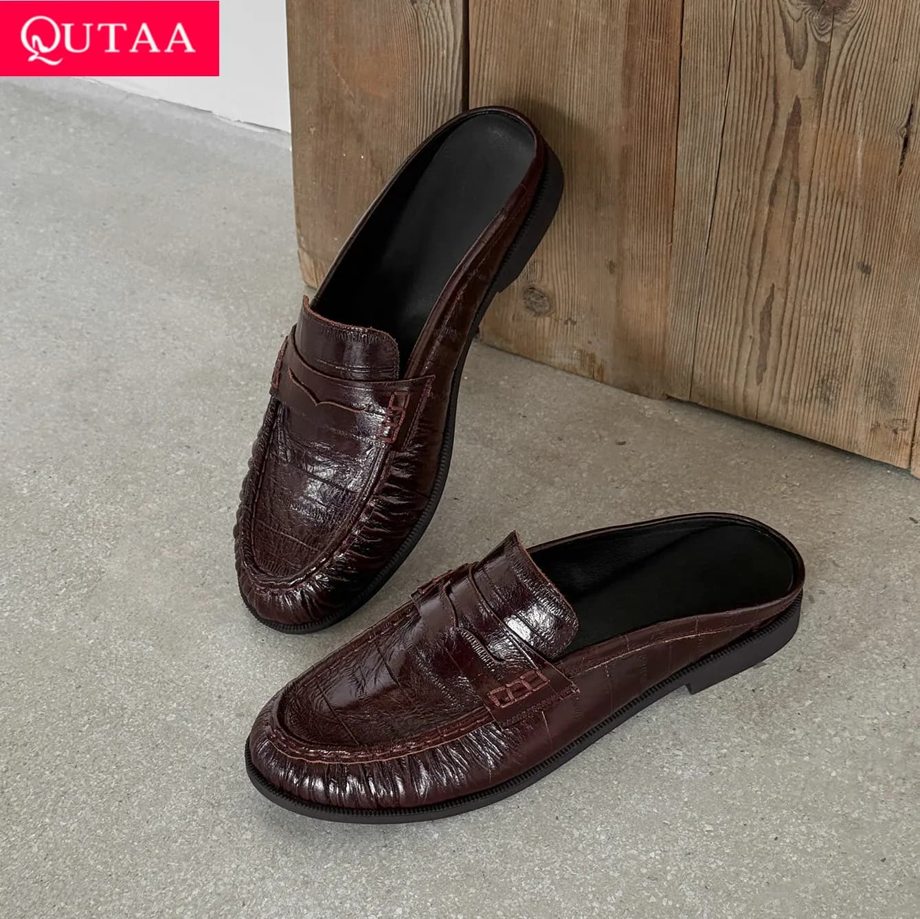 QUTAA 2026 New Women's Low Shoes in Real Leather, Mules Casual Stropicciato effect, Women's Elegant Shoes with Round Toe for Spring and Autumn, Sizes 34-40