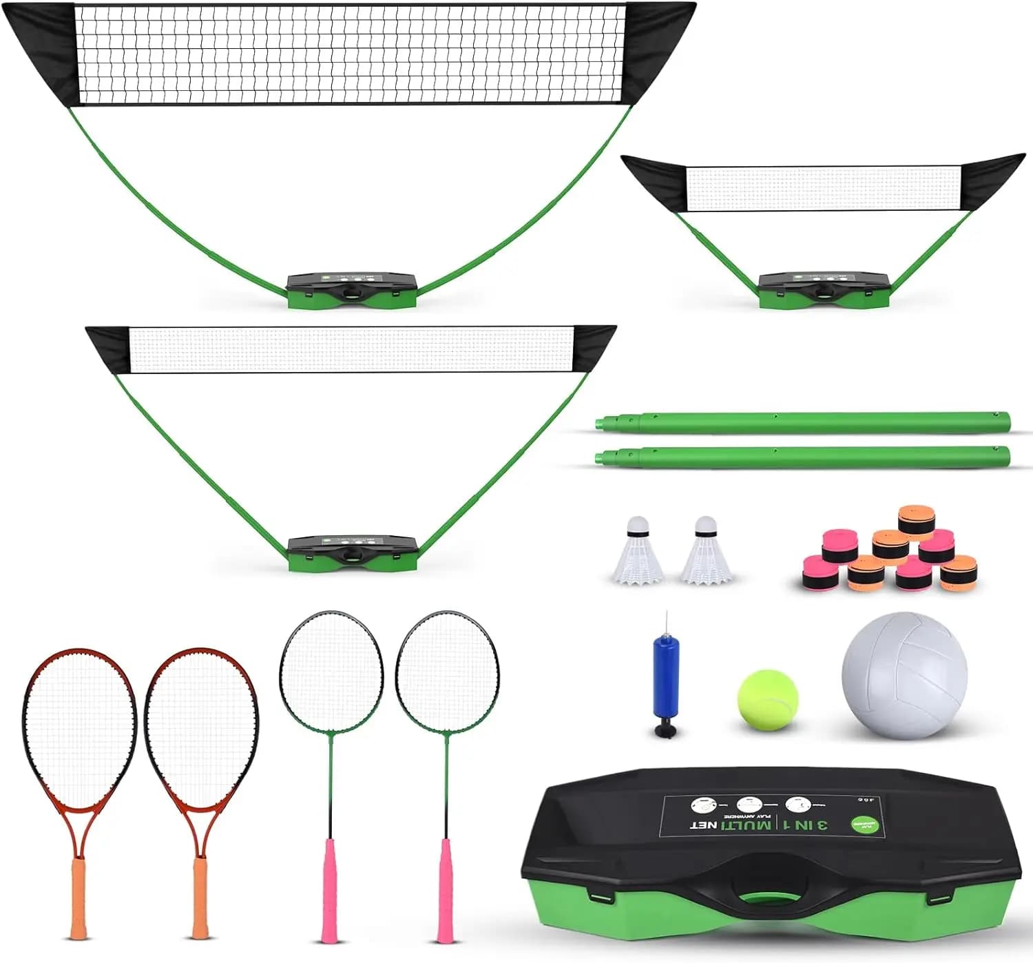 Set Sportivo 3-in-1 per Esterni: Badminton, Pallavolo, Tennis con Base Portatile