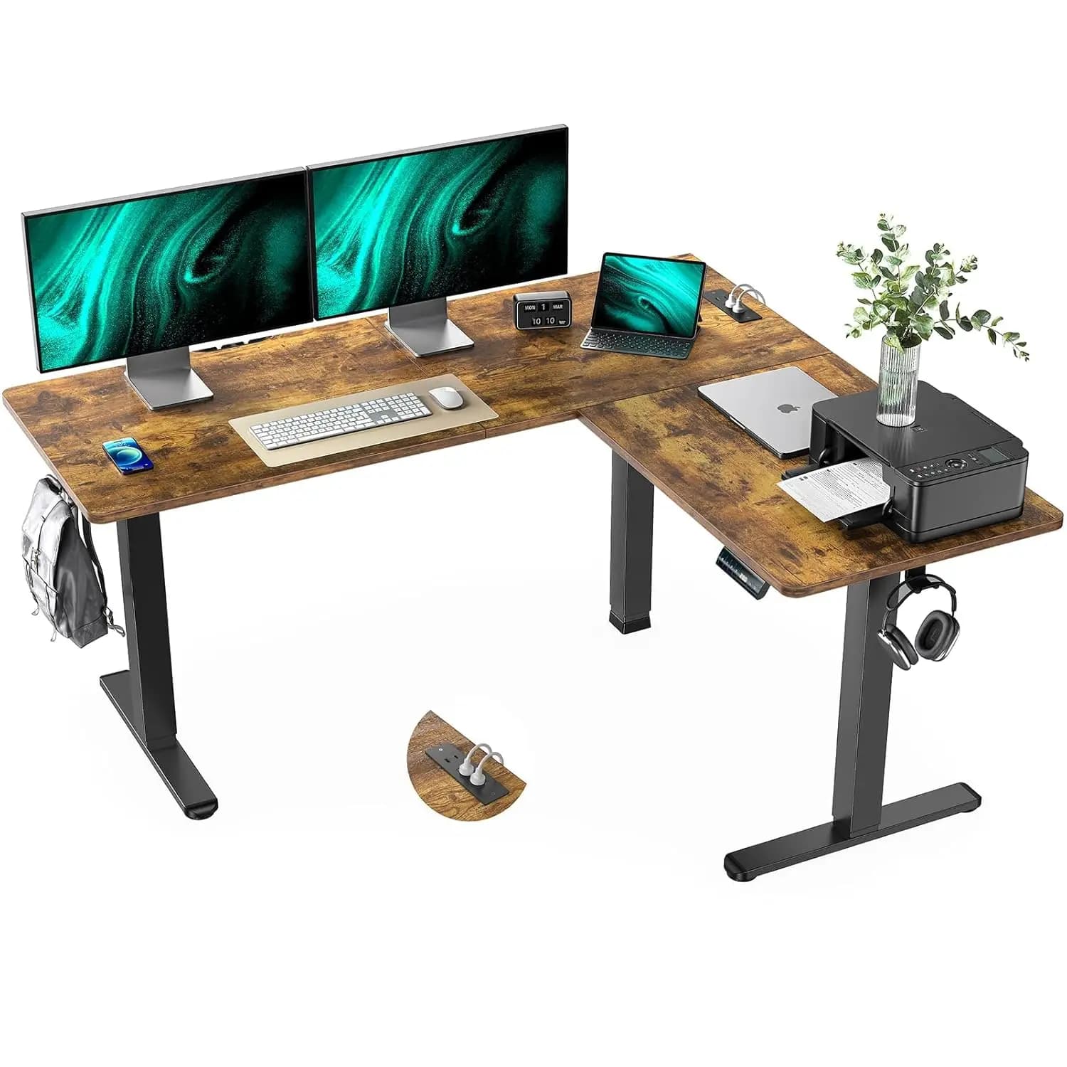 Scrivania Elettrica a L 63x55 Pollici con Presa 4-in-1, Gancio per Cuffie, Memoria, per Gaming e Ufficio, Marrone, Personalizzabile