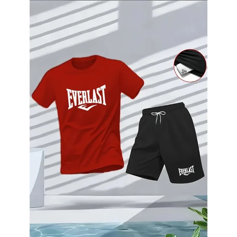 Summer men's set: Round-neck short-sleeved T-shirt, five-inch shorts, fashionable, casual, fitness, and slimming two-piece outdo