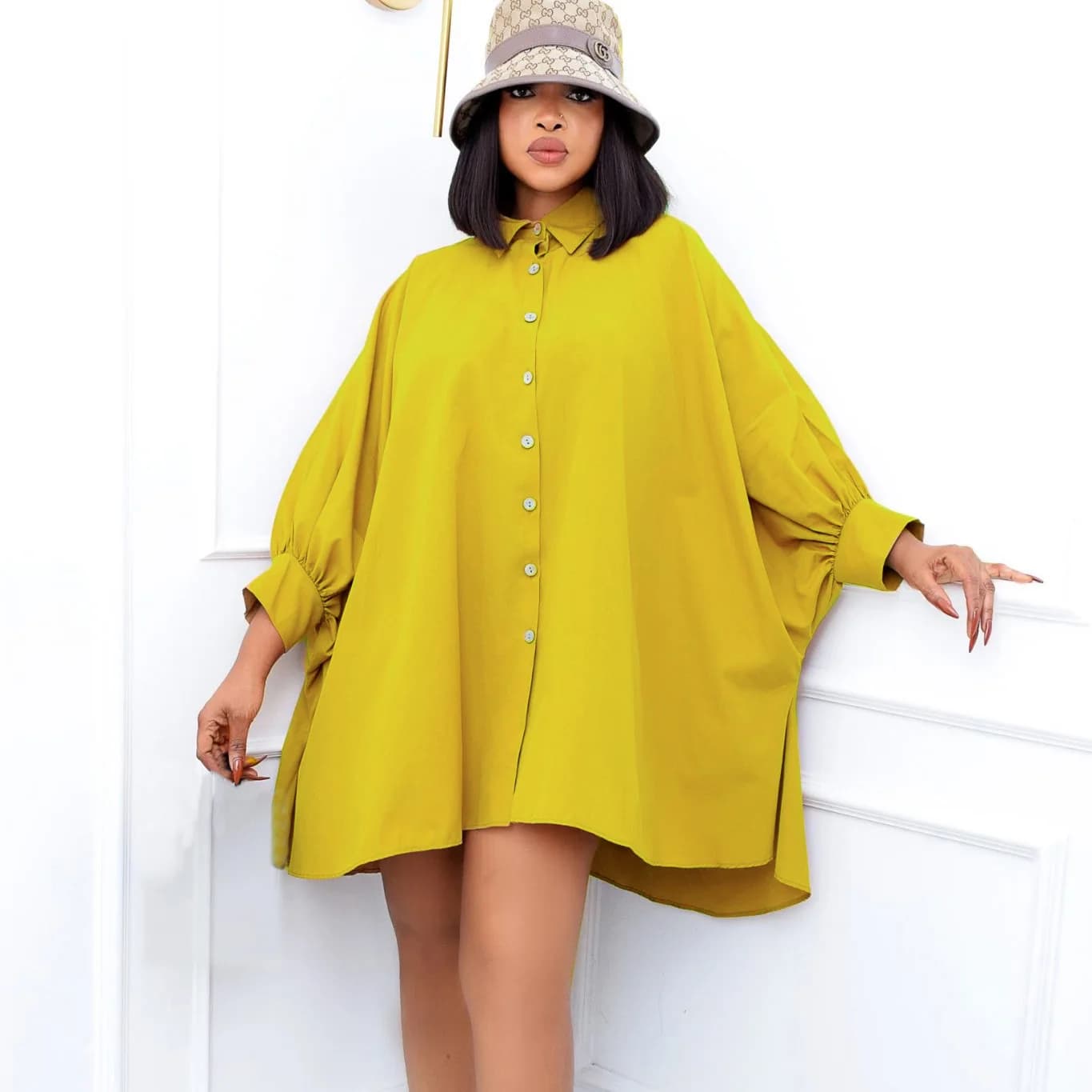 D3089 Spring New Loose Waist Elegant Turn-down Collar Solid Color Plus Size Shirt Dress Birthday Dress Clothing Bandage Outfits