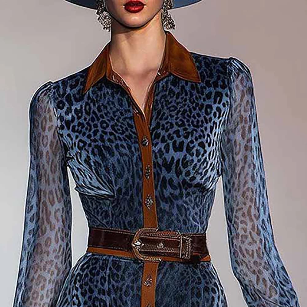 Abito midi elegante da donna con stampa leopardata vintage, colletto rovesciato, manica lunga, abito lungo monopetto, abito chic da strada