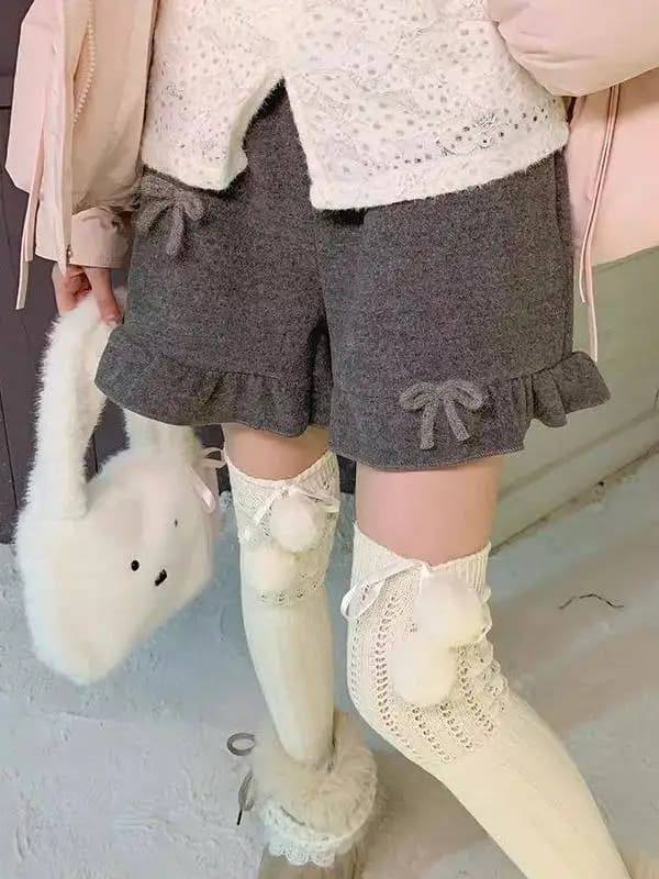 Pantaloni Dritti in Lana Grigia con Nodo, Pantaloni a Vita Alta e Gamba Larga da Donna, Stile Giapponese Dolce e Femminile per Autunno e Inverno