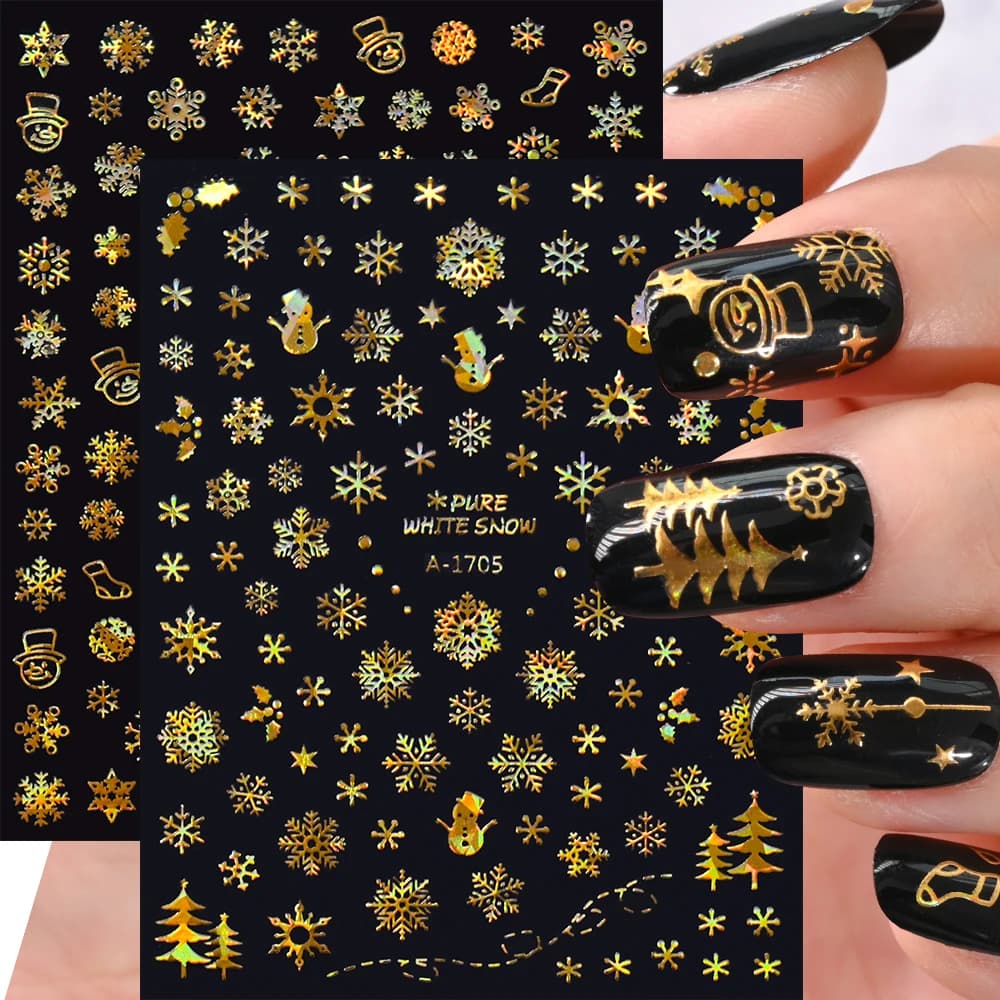 1PCS Laser Gold Snowflake Christmas Tree Nail Sticker 3D Adhesive Nail Decals Nail Art Accessories New Christmas Decoration 2024