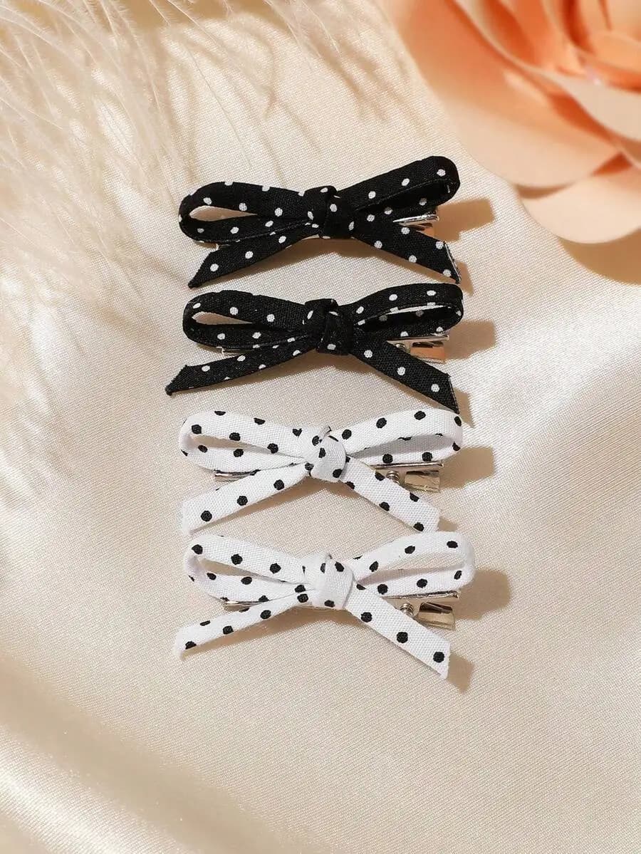 4pcs Retro French Style Black & White Polka Dot Bow Hairclips, Fashion Versatile Hair Accessories For Girls Daily Wear
