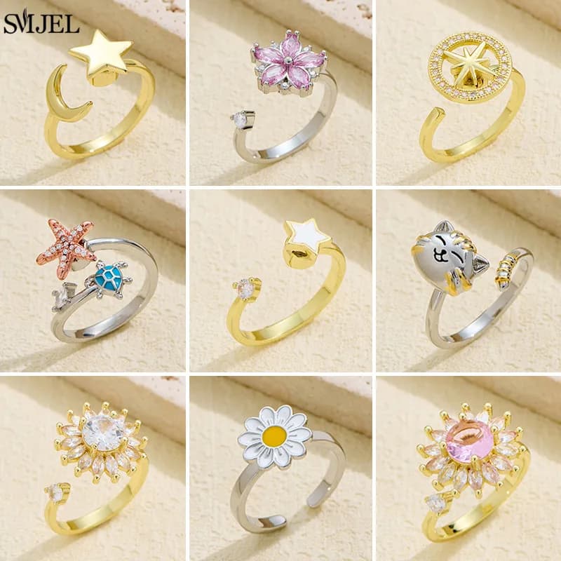 Anelli rilassanti per l'ansia rotante per le donne Moda Stella e luna Fidget Spinner Anello Girasole Ruota liberamente Dito Gioielli Regali