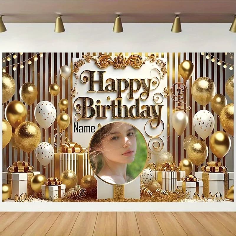 Sfondo dorato personalizzato per la festa di compleanno con nome personalizzato: dotato di palloncini, stelle e confezione regalo