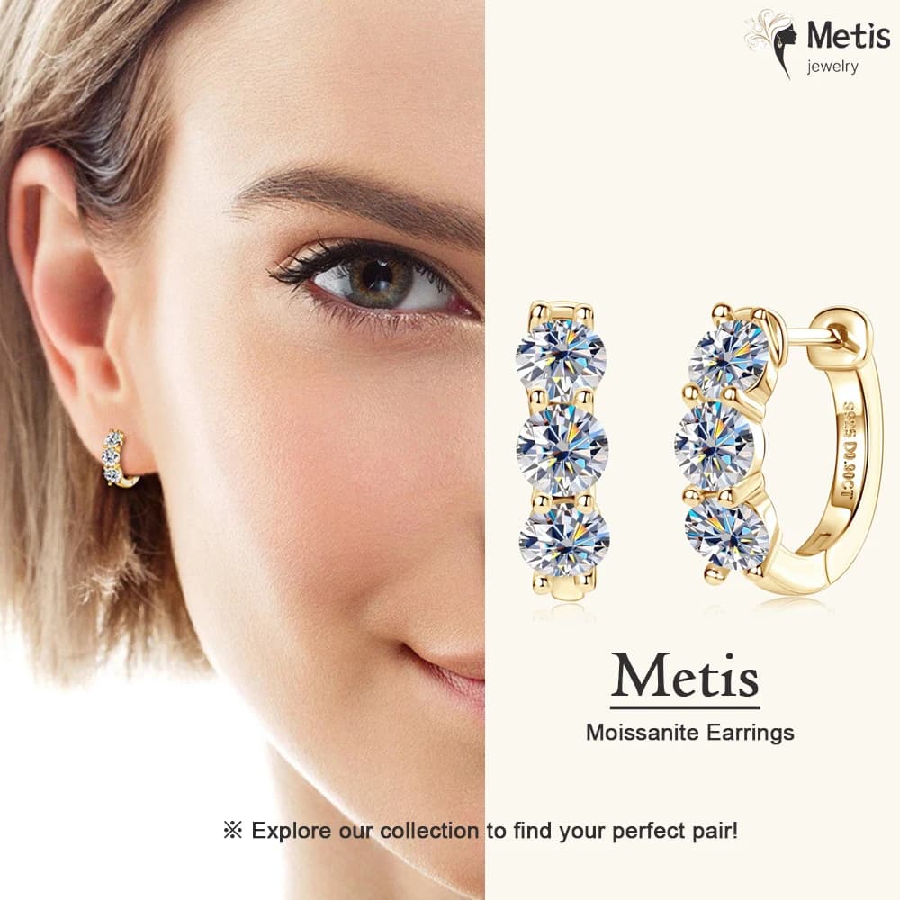 Metis Orecchini a tre pietre Vero argento sterling 925 Orecchini a cerchio rotondi Moissanite da 4 mm per gioielli da donna Regalo di San Valentino