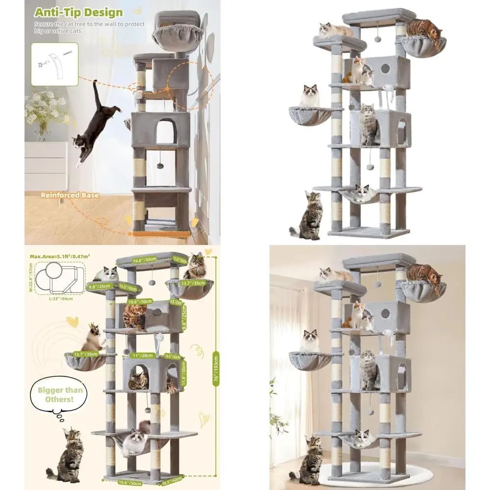76 Torre per gatti da interno durevole con tiragraffi, 2 posatoi, 2 cestelli, amaca, grigio chiaro