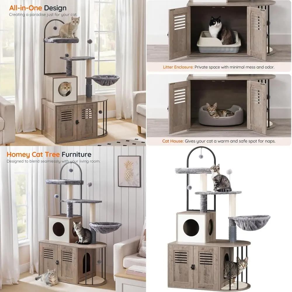 Albero per Gatti All-in-One 31.5 con Lettiera Nascosta, Design ad Arco, Pali in Sisal, Amaca, Grigio e Beige