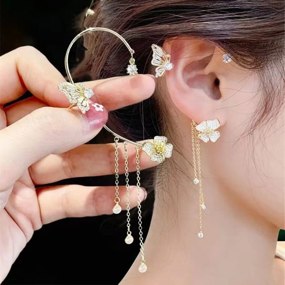 Clip per Orecchio a Forma di Fiore e Farfalla con Zirconi Scintillanti, Senza Piercing, con Nappine, per Donne, Gioielli da Matrimonio alla Moda