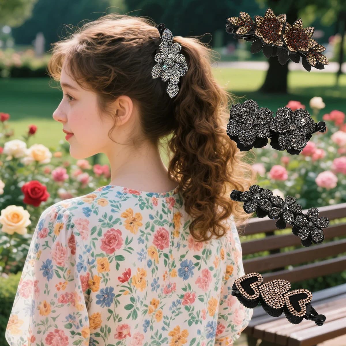 AWAYTR Diamante Fiore Cuore Banana Clip Pettini per capelli Moda Acrilico Donna Forcine Spose Matrimonio Accessori per capelli eleganti