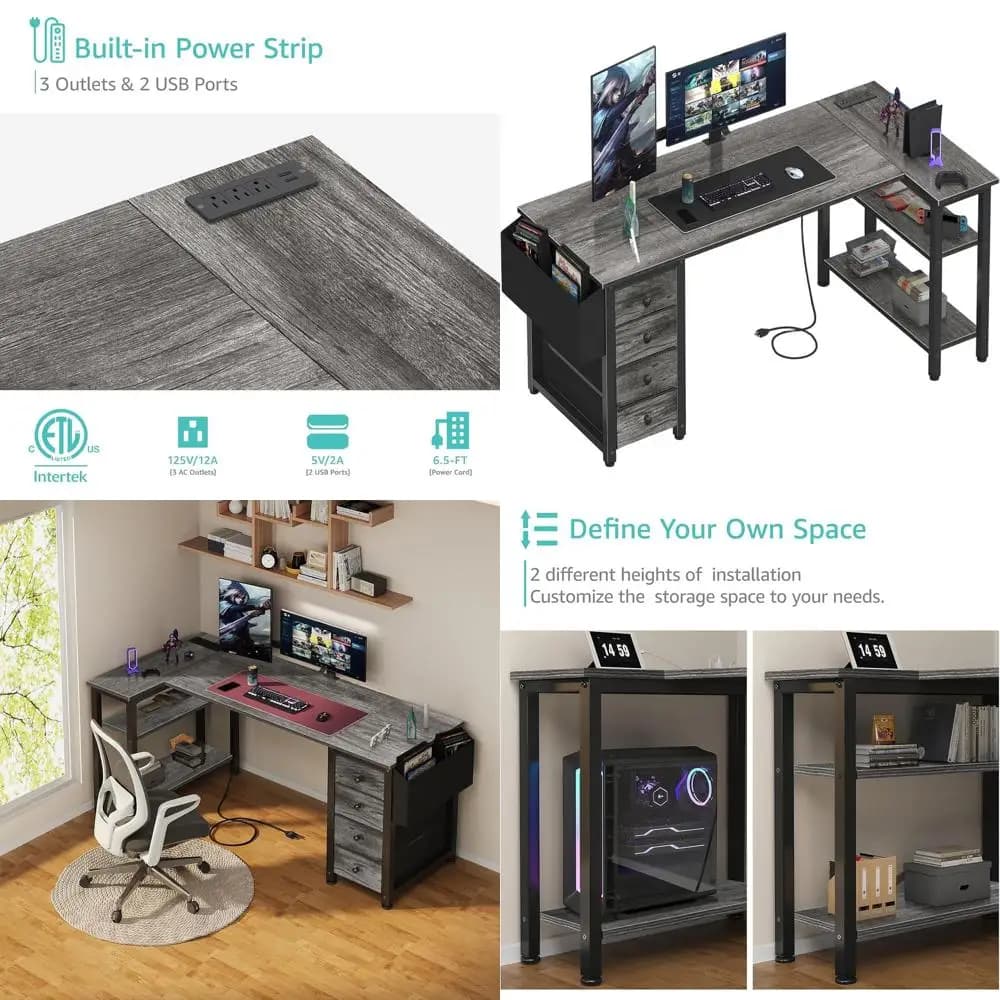 Scrivania da gaming a forma di L con cassetti e ripiani portaoggetti, scrivania per computer da 55 pollici per ufficio domestico, tessuto grigio, scrivania per PC per ragazzi