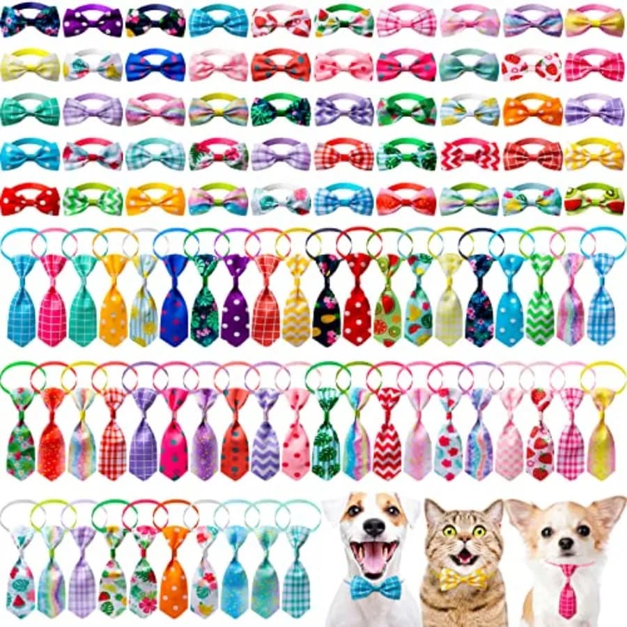100 Pieces Dog Bow Tie Collar Set for Small Medium Includes 50 Neckties and 50 Bow Ties Adjustable Cat Dog Bowties Neckties Pup