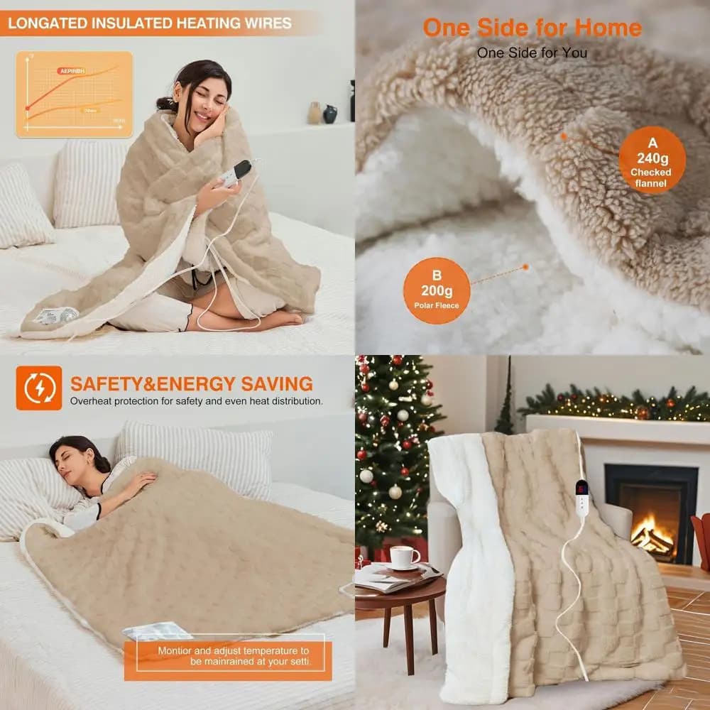 Riscaldamento regolabile a 6 livelli, timer da 10 ore, spegnimento automatico, coperta elettrica in morbida flanella (cachi, 90x100)