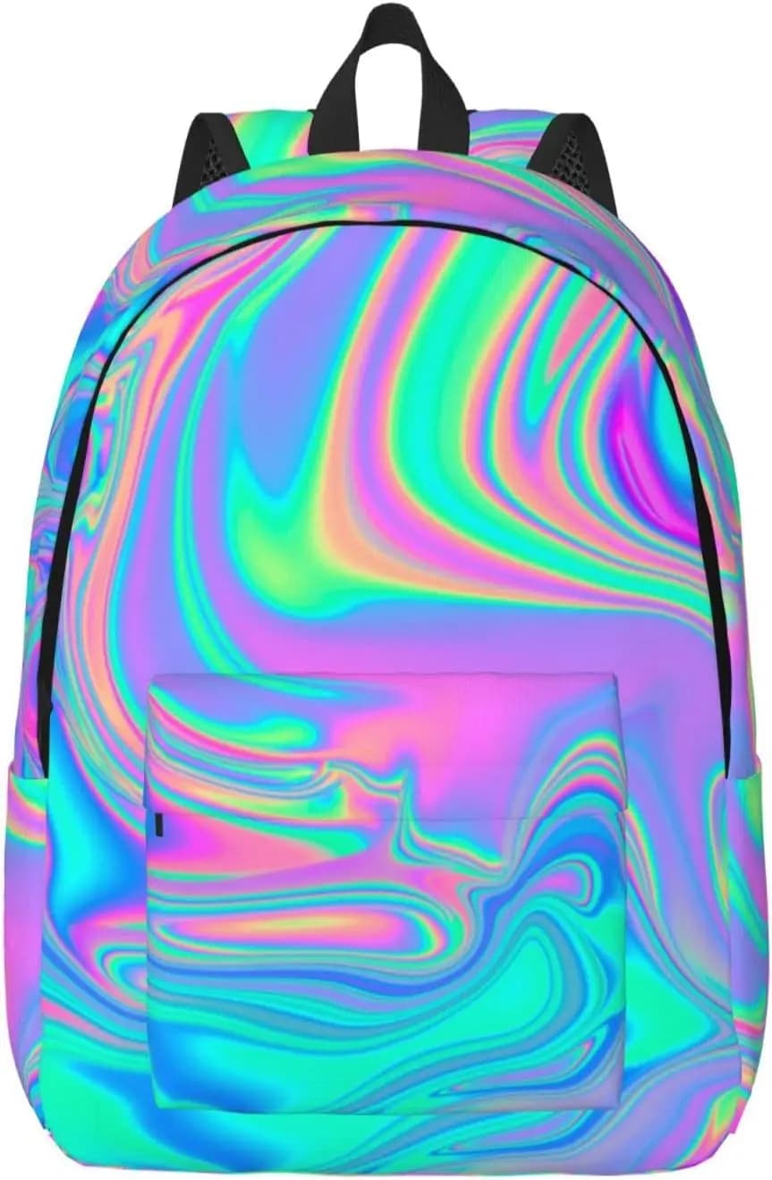 Backpack Casual Lightweight Iridescent Marbled Holographic Texture Laptop Backpack Men Women Travel Bag Outdoor Canvas Daypack