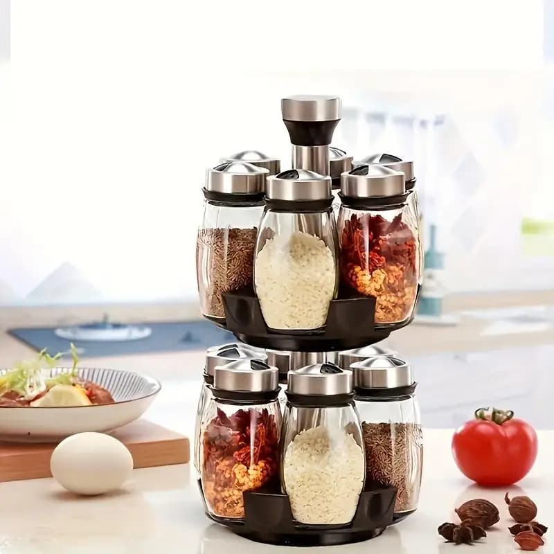 360 Rotating Spice Rack Organizer 2-Tier Revolving Seasoning Holder with 12 Glass Jars Stainless Steel Plastic Kitchen Storage Cruet Set Space Saving Countertop Condiment Bottles