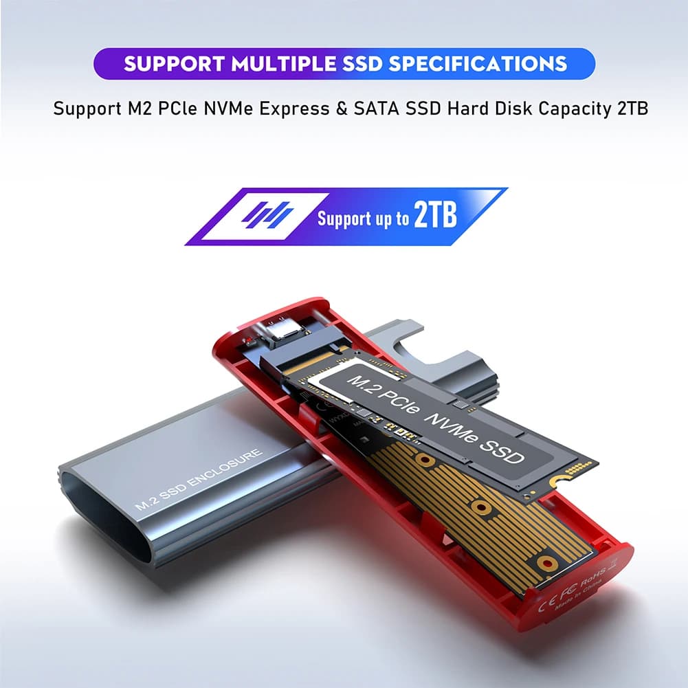 Adattatore per SSD M.2 NGFF NVME, Case Esterno USB3.1 Gen2 per SSD, Custodia per Disco Rigido SSD per NVMe Dimensioni 2230/2242/2260/2280