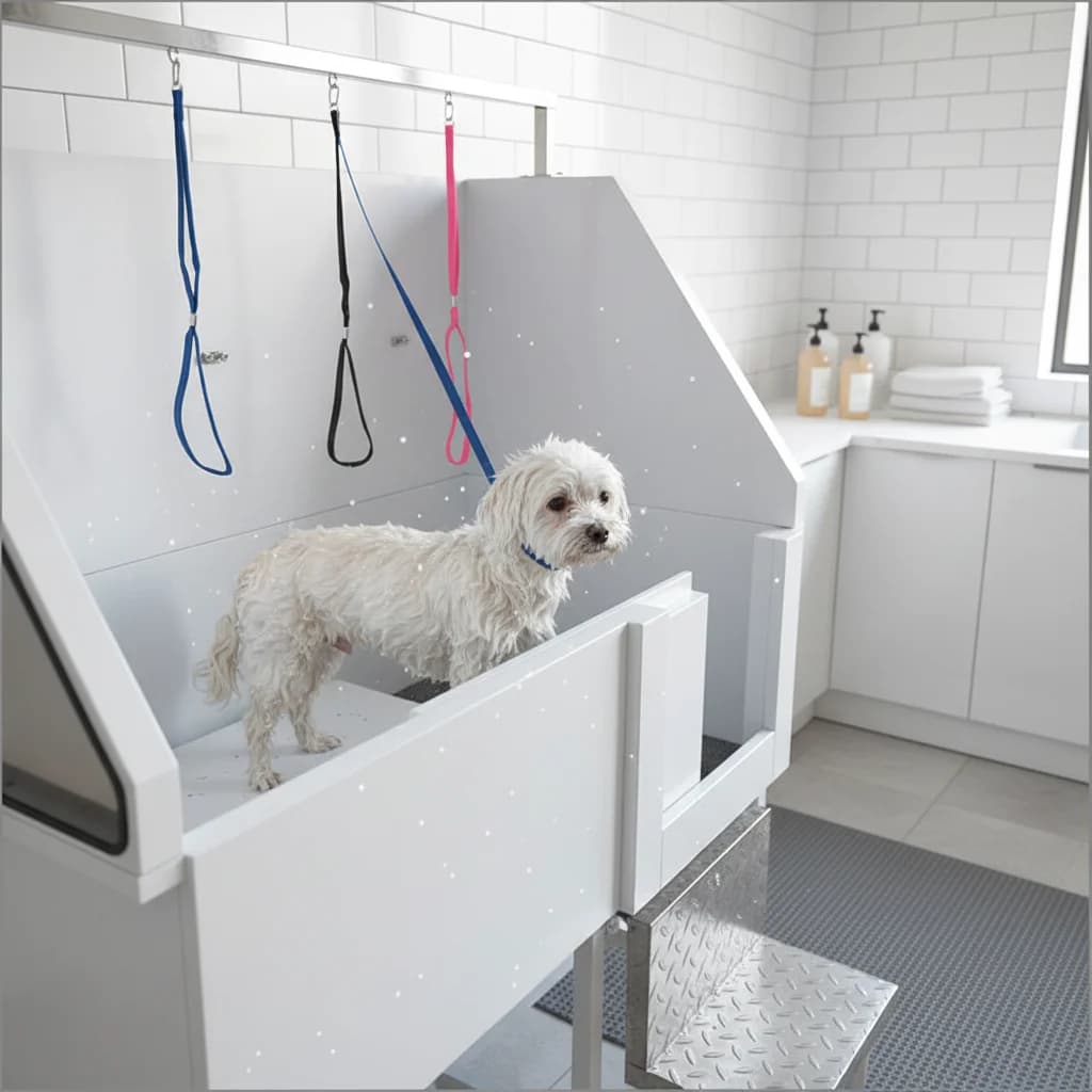 Vasca da Bagno per Toelettatura Cani in Acciaio Inox con Rampa e Scale per Cani di Taglia Grande