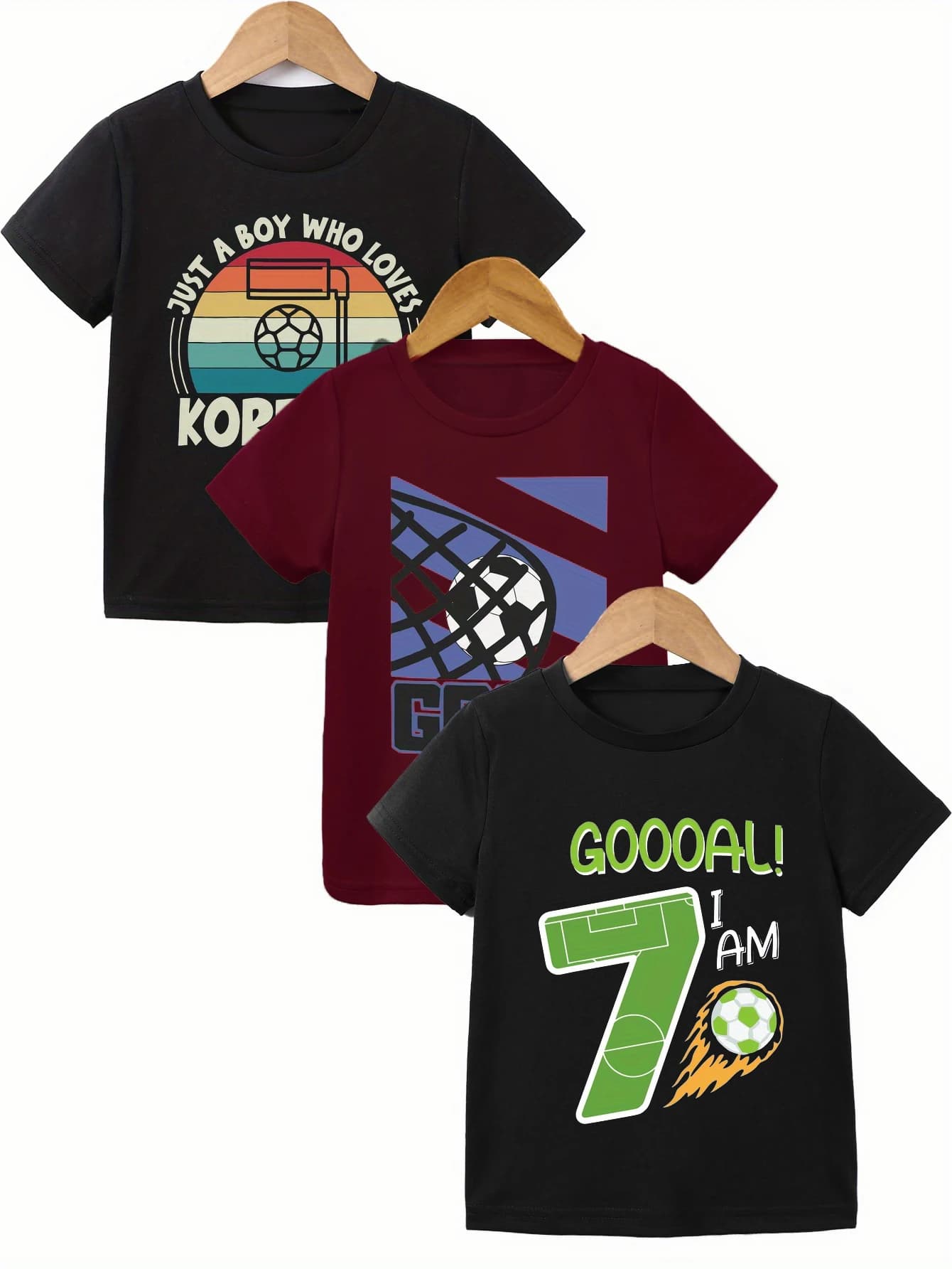 3 pezzi: T-shirt casual estiva da ragazzo Super Bowl - Stampa di calcio dei cartoni animati