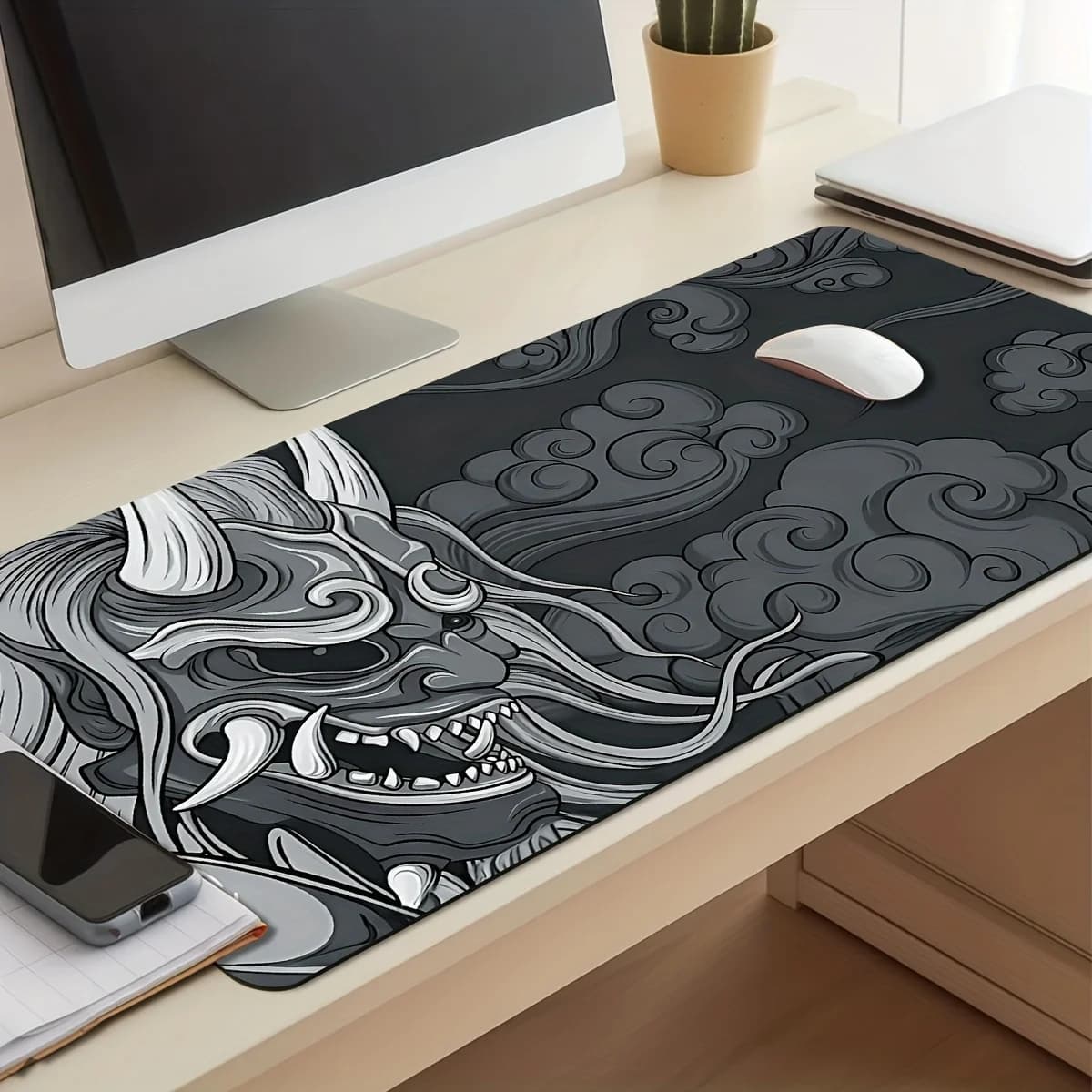 Tappetino per tastiera da gioco esteso, tappetino per mouse resistente, tappetino per tastiera per laptop, tappetino protettivo per scrivania - Motivo diavolo nero e grigio