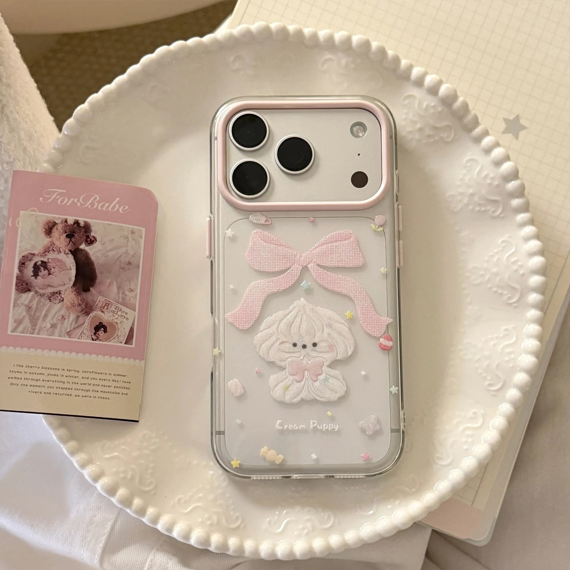 Custodia per telefono coreana con glitter, motivo a fiocco e cucciolo dei cartoni animati, trasparente, antiurto, morbida, per iPhone 13 14 15 16 17 12 Pro Max