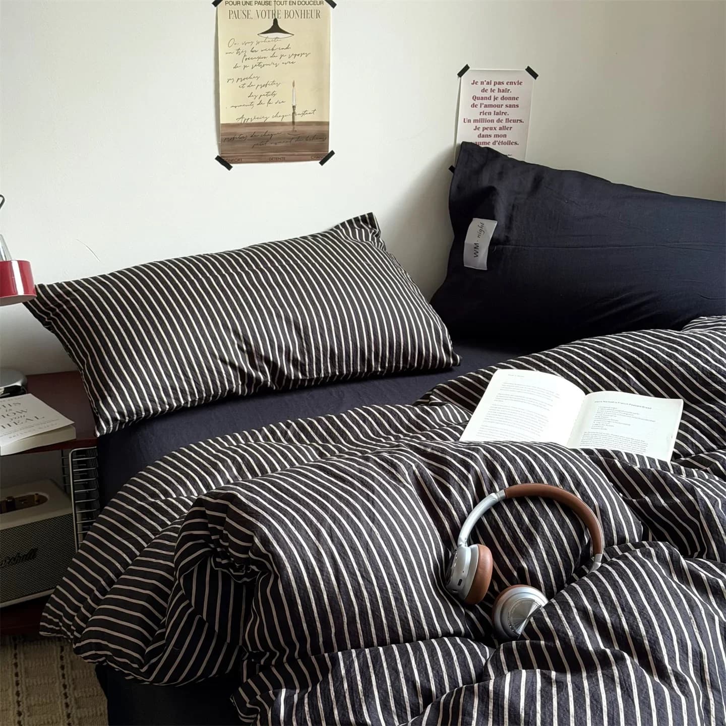 Simple Striped Bedding Set Washable Cotton Dark Gray Quilt Cover With Pillowcases Bed Sheet Set Skin-Friendly Soft Single Twin