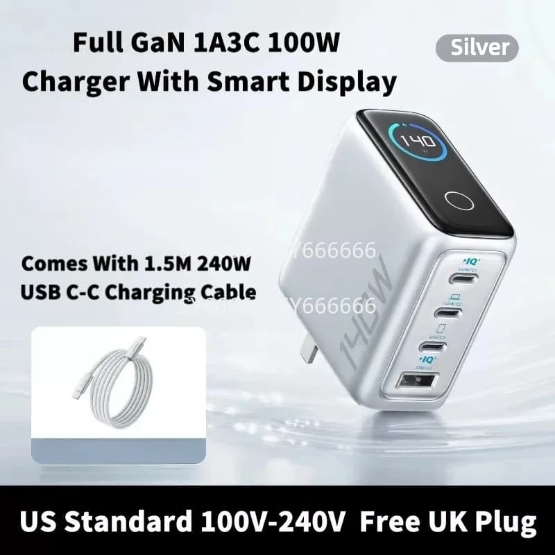100% New Silver For AK 140W Full GaN 1A3C 4 Ports Fast Charger With Smart Display US Standard 100V-240V Free UK Plug