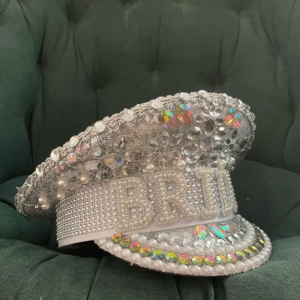 Women Sequin Burning Bride Military Hat Silver Captain Sergeant Hat Rhinestone Bride Festival Birthday Octagonal Part Hat
