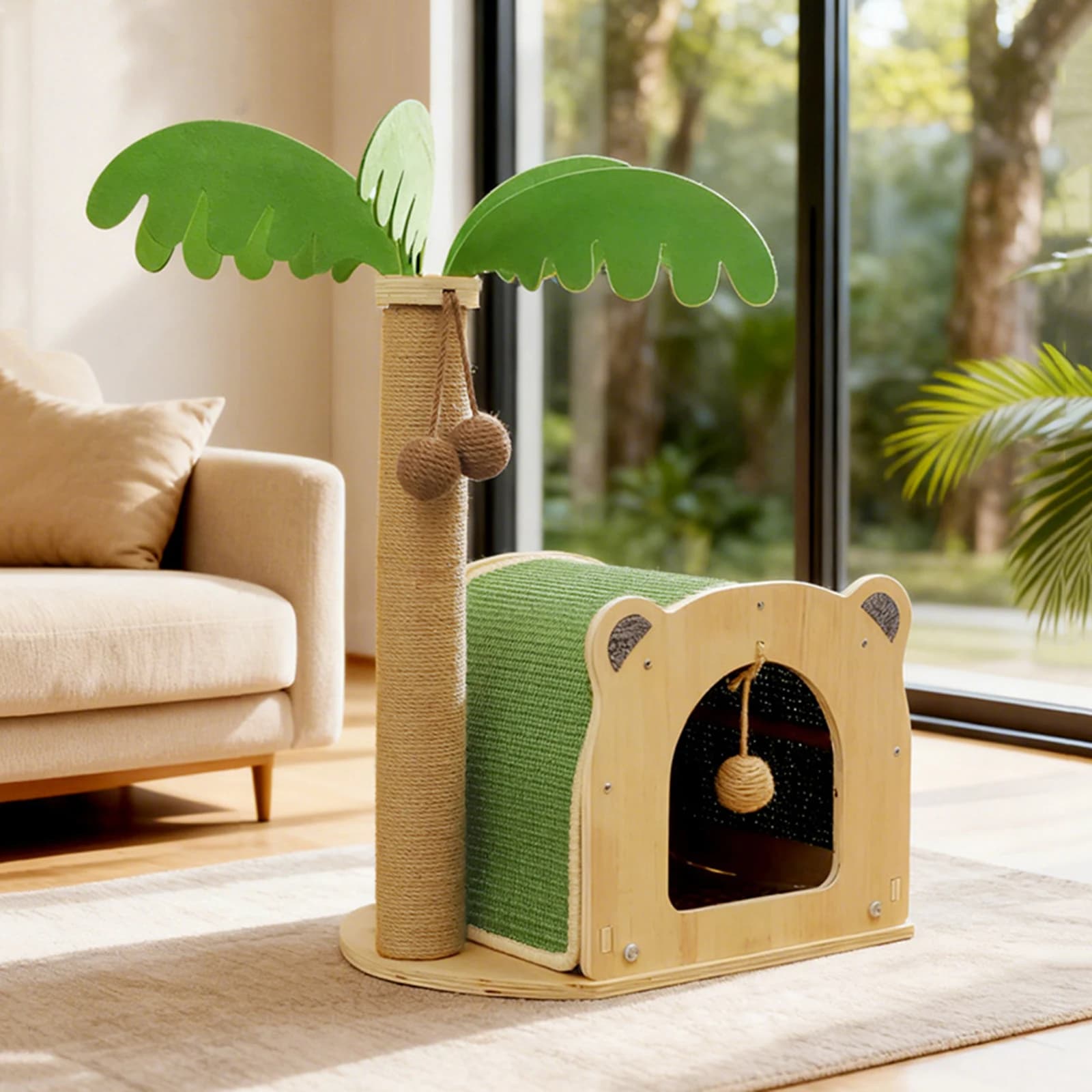 Tiragraffi per Gatti a Forma di Albero di Cocco con Palline Appese, Giocattolo in Legno per Gatti da Interno e Gattini